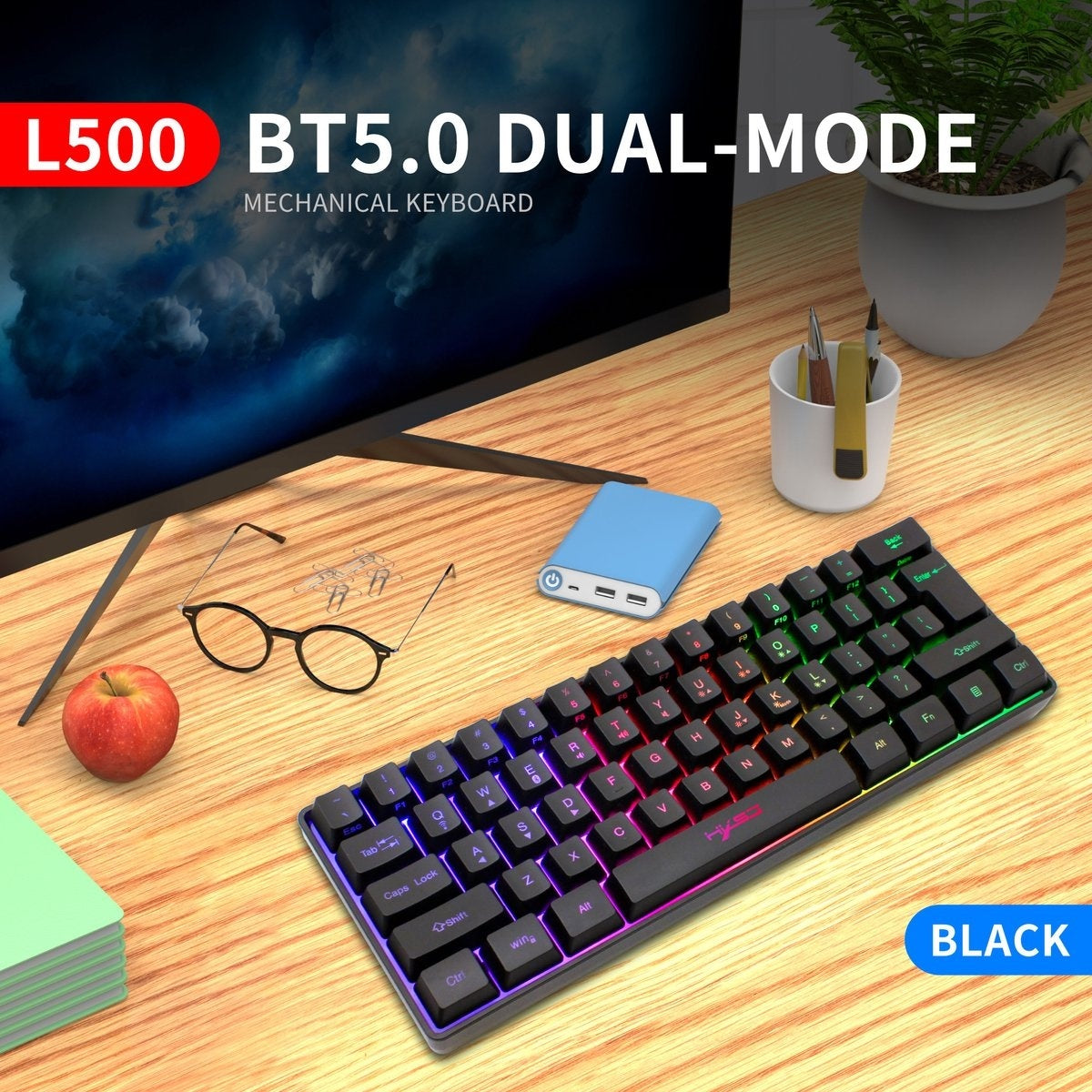 HXSJ L500 2.4GHz Membraan Draadloze Gaming Toetsenborden - RGB Bluetooth Toetsenbord - Tri modes - 61keys - Qwerty - Zwart