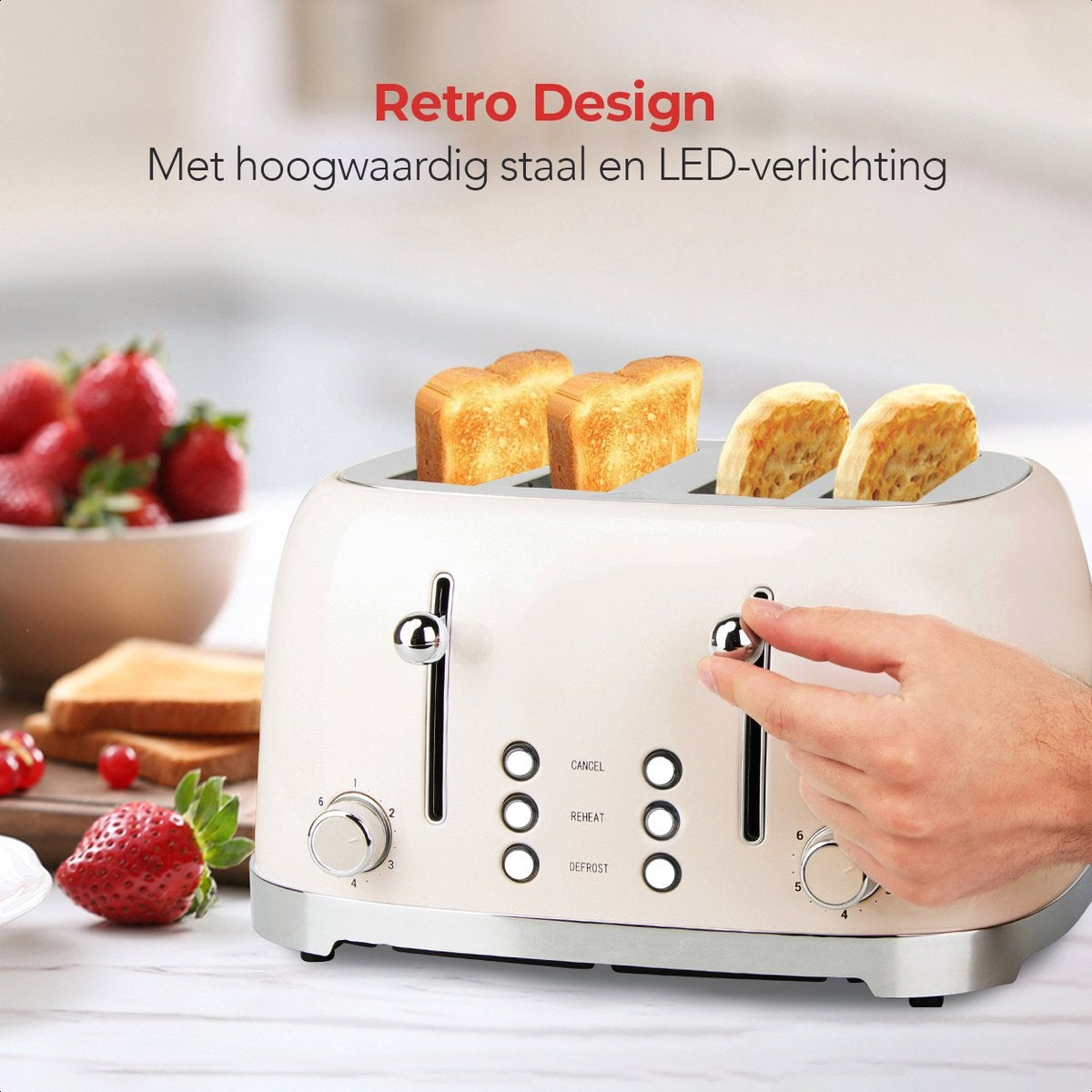 KitchenBrothers Retro Broodrooster - Toaster - 6 Warmteniveaus - 4 Extra Brede Sleuven - 1630W - Beige