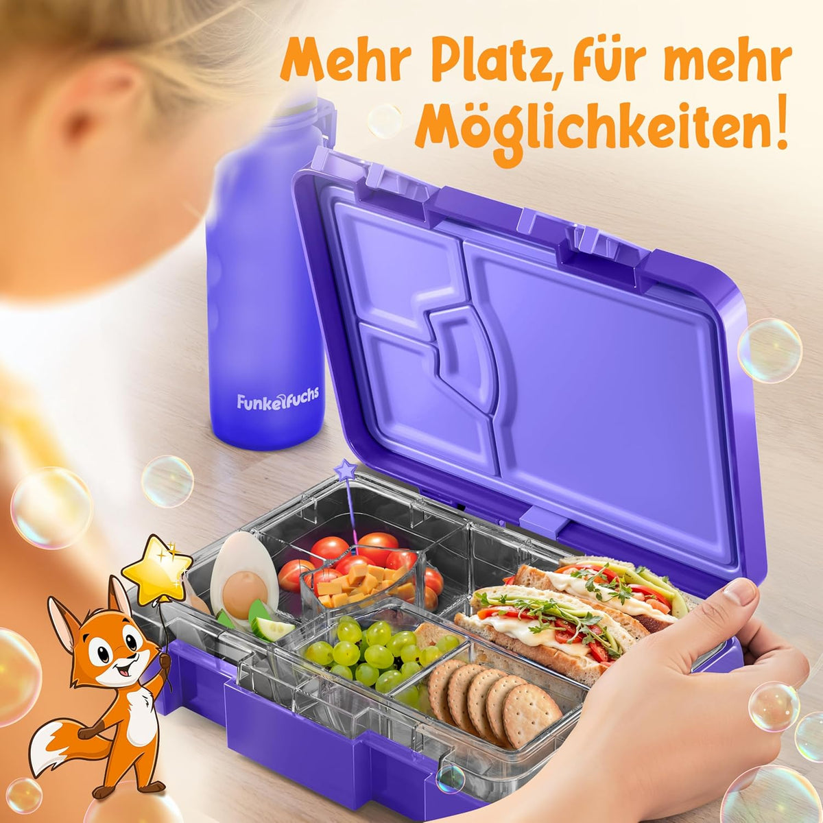 Funkelfuchs® - Lunchbox kinderen met vakverdeling - 800ml, paars - Lunchbox maanlicht, groot - Snackbox, snackbox, broodtrommel, maaltijdbox, bentobox kinderen - voor school, crèche en kinderdagverblijf