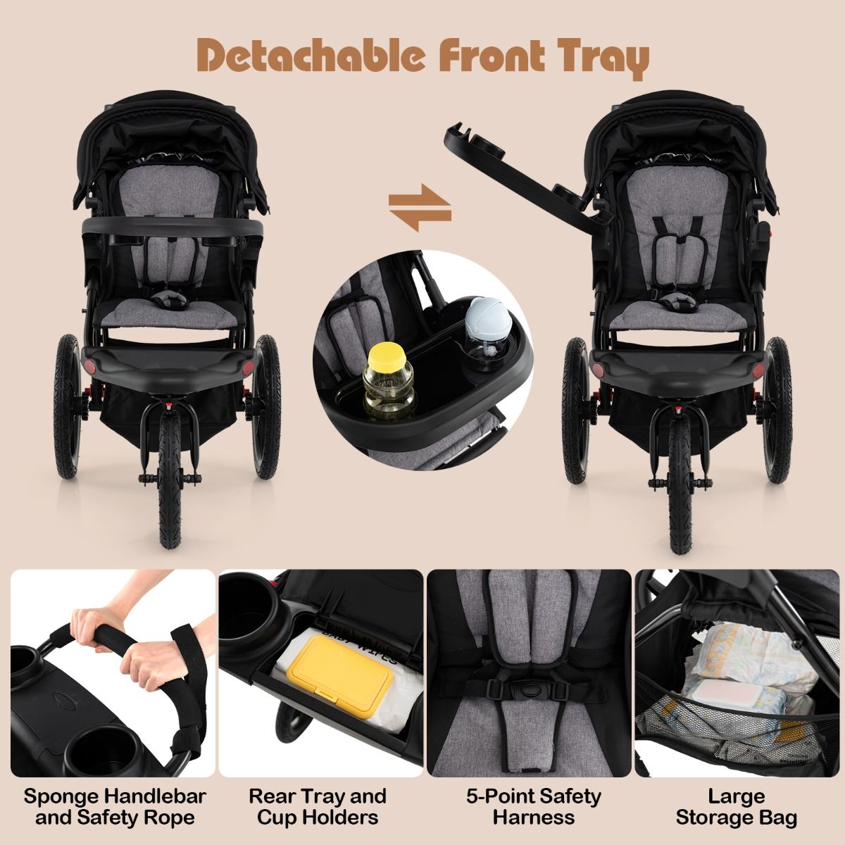 Coast Joggingbuggy - Opvouwbare kinderwagen - Verstelbare zonnekap - Kantelbare zitting - Zwart
