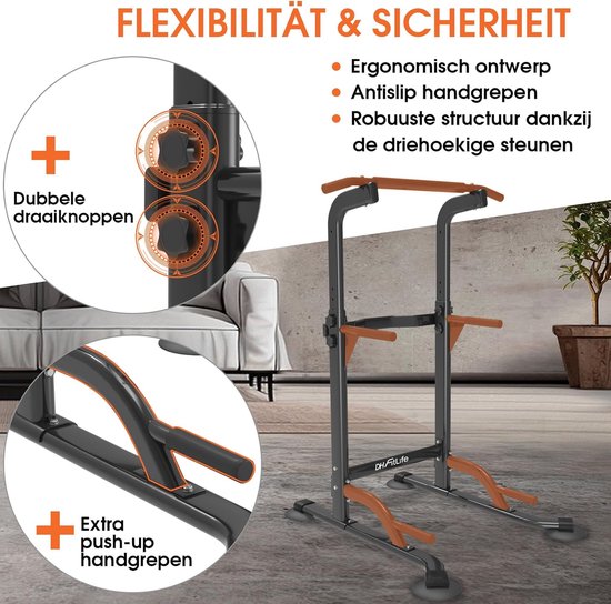 DH FitLife Power Tower Dip Station - vrijstaande optrekstang - rugtrainer - krachtstation - power rack - thuis gym