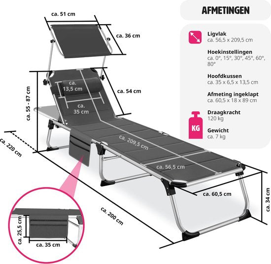 tectake® - ligstoel ligbed zonnebed gestoffeerd, inklapbaar - grijs - 220 x 60,5 x 34 cm, met zijvak