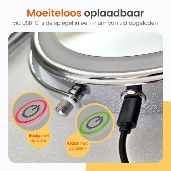 Goliving Make Up Spiegel Met Verlichting - Ø25 cm - 10x Vergroting - Dimbare Make-upspiegel - Scheerspiegel - LED Verlichting - USB-C Oplaadbaar - Dubbelzijdig - 27 x 27 cm - Chroom