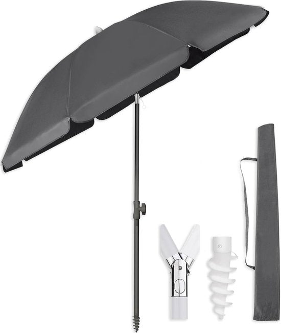 O’DADDY® Parasol Set – Kantelbaar & Verstelbaar – Waterdicht – UV-Bestendig – Met Grondboor & Draagtas – Strand, Tuin & Balkon – 180 cm – Donker Grijs