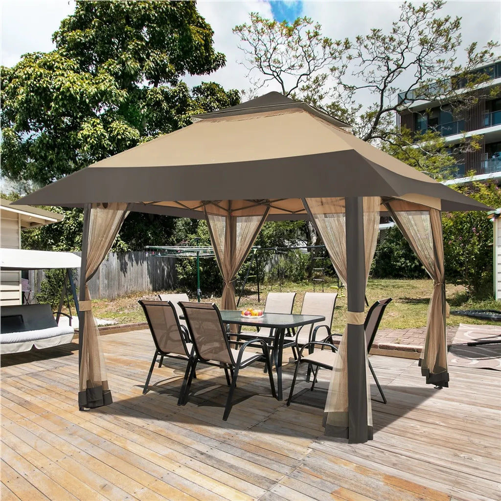 Yaheetech Partytent - 4 x 4 m - Inklapbaar - Tuinpaviljoen - Gaaswanden - Verstelbaar - 271-291 cm - Khaki/Bruin