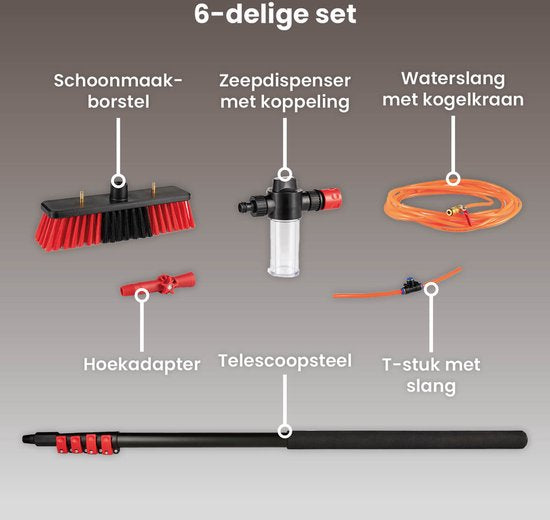Shine Wasborstel - Uitschuifbaar - 5 Delig - Aluminium - Tot 7M - Incl. Zeepdispenser - Rood/Zwart