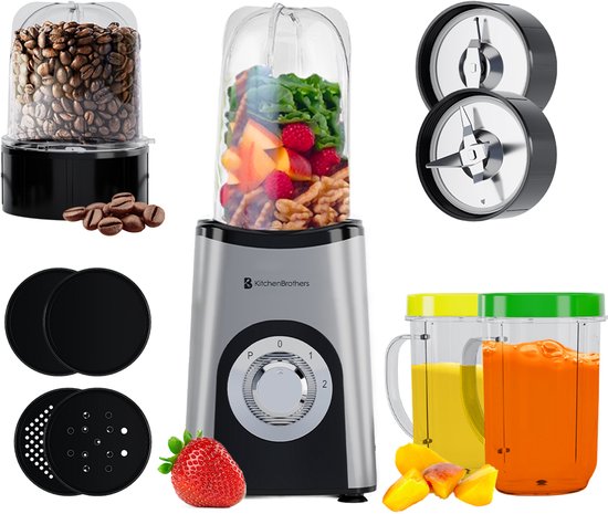 KitchenBrothers Smoothie Blender - 2-in-1 - Blender om mee te nemen - 4 Bekers - Smoothie Maker om mee te nemen - Mini Blender - Zilver