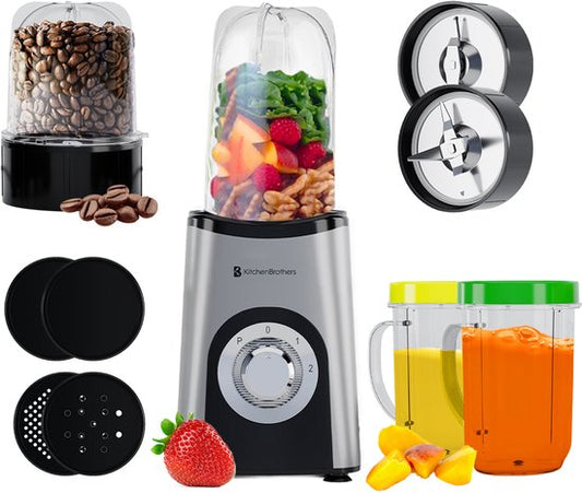 KitchenBrothers Smoothie Blender - 2-in-1 - Blender om mee te nemen - 4 Bekers - Smoothie Maker om mee te nemen - Mini Blender - Zilver
