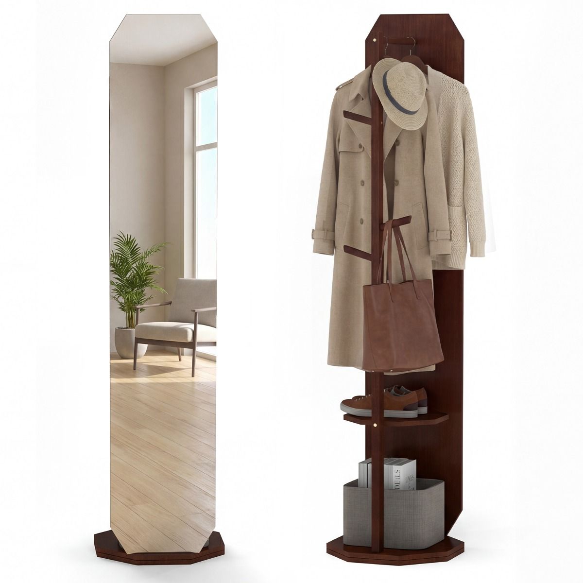 Coast Volledige Lichaamsspiegel met Standaard - 3-in-1 Garderobe - 360° Draaibaar - Walnoot