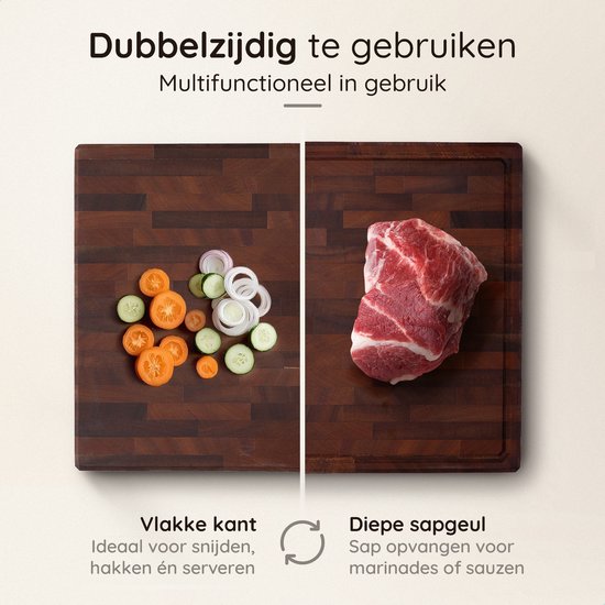 Deleca Walnoot Kopshouten Snijplank - Dubbelzijdig met Sapgeul / Handgrepen - Groot en Dikke Hakblok - Voor Keuken, Duurzame Snijplanken, Serveerplank, Kaasplank, Borrelplank, Tapasplank - Walnoten Hout - Zonder Plastic - 51x38x3.8 cm