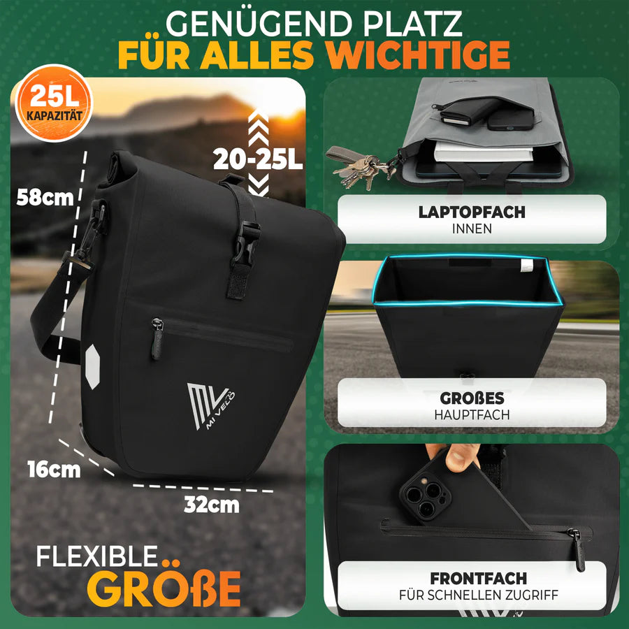 MiVelo – 2in1 Fietstas CAPAX – 25L – Waterdicht & Met Reflectoren – Zwart