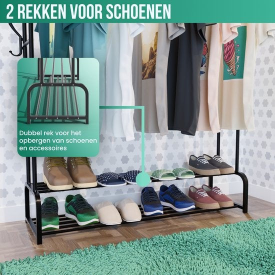 Avalo Industrieel Kledingrek Dubbele Stang - Metaal - 110x33x150 CM - Zwart - Opbergruimte Voor Schoenen - Garderoberek Met Haken