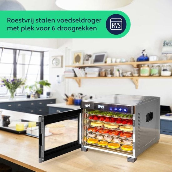 Vita5 Nobel Pro 6 Voedseldroger - Dehydrator 6 Laags - Droogoven RVS - 24-Uurs Timer - Led-bedieningspaneel - 650 Watt