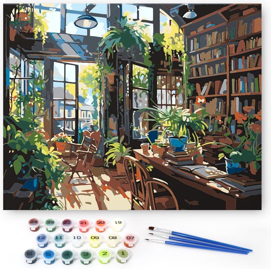 Rubye® Schilderen Op Nummer Volwassenen – Boekenkast – Inclusief Penselen – Canvas Schildersdoek – Kleuren op Nummer – 50x40cm
