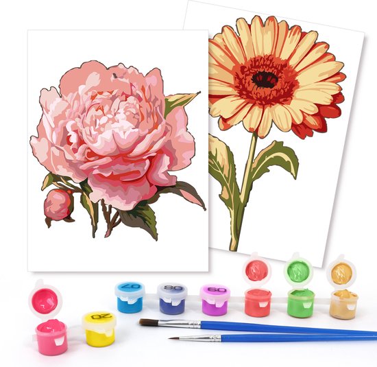 Rubye® Schilderen Op Nummer Volwassenen – Roos & Zonnebloem – Inclusief Verf en Penselen – Canvas Schildersdoek - Kleuren op Nummer - Dubbele Set - 15x20cm