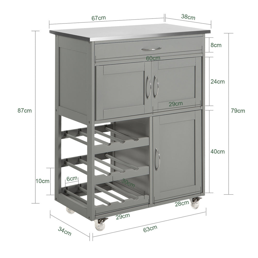 SoBuy Keukenwagen met 1 lade, 3 deuren & 3 wijn opbergplanken - Max. 60KG - 67 x 87 x 38 cm - Grijs