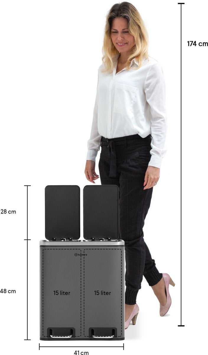Homra BLINQ Afvalscheiding prullenbak met 2 vakken - 2 x 15 L inhoud - Duo pedaalemmer Grijs - Afvalemmer 30 Liter - Recycle Afvalbak - Grijze Afvalscheidingsprullenbak - Hygiënisch Afval Scheiden - Keuken Vuilbak - Kantoor