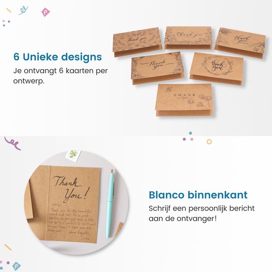 Partizzle 36x Kraft Bedankt Kaartjes Set - Thank You Cards - Wenskaarten - Ansichtkaarten - Kaarten met Enveloppen - 15x10 cm