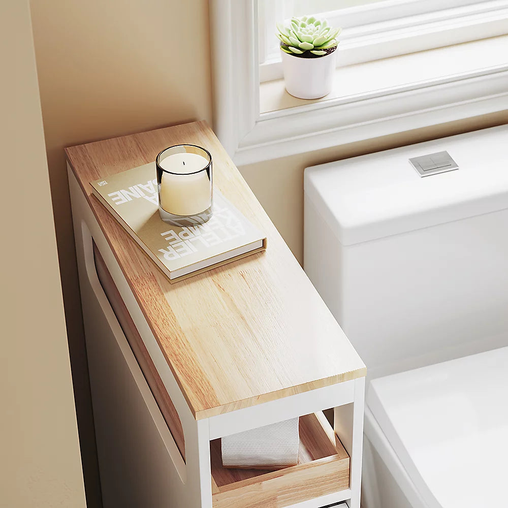 SoBuy – BZR54-II-W Slanke Vrijstaande Badkamerkast – 65 x 23 x 82 cm – Voorzien Van 3 Lades En 4 Wielen En Verplaatsbaar Tussenschot – Voor Badkamer En Gastentoilet – Wit MDF En Rubberhout