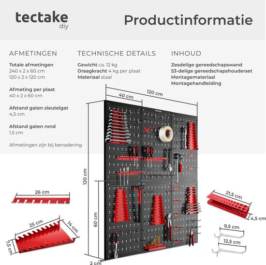 tectake® 6-delige Gereedschapswand van Metaal - 240 x 60 cm - Gepeforeerde Plaat - Gereedschapshouder set inclusief Haken - Wandrek systeem voor Werkbank, Garage, Gereedschap - Werkplaatsinrichting - Gereedschapsbord - Pegboard