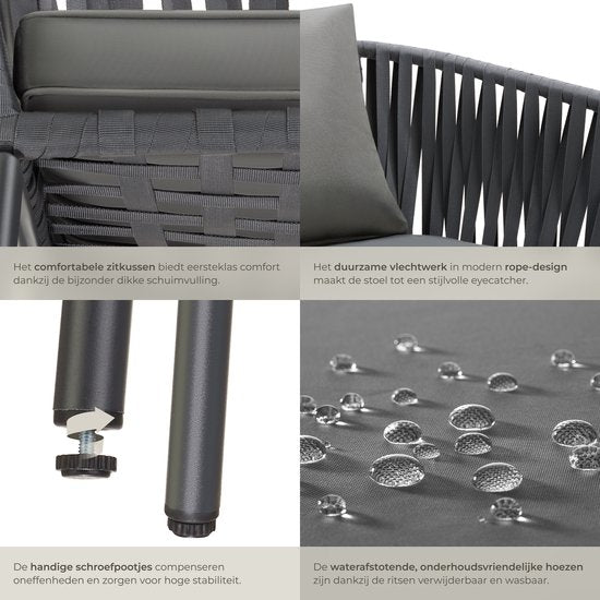 tectake® Tuinstoel, set van 2, metalen buitenstoel, terrasstoel met armleuningen, lounge chair, tuin fauteuil, tuin meubels, balkon meubels, tuinset lounge, waterafstotende kussens, verstelbare poten