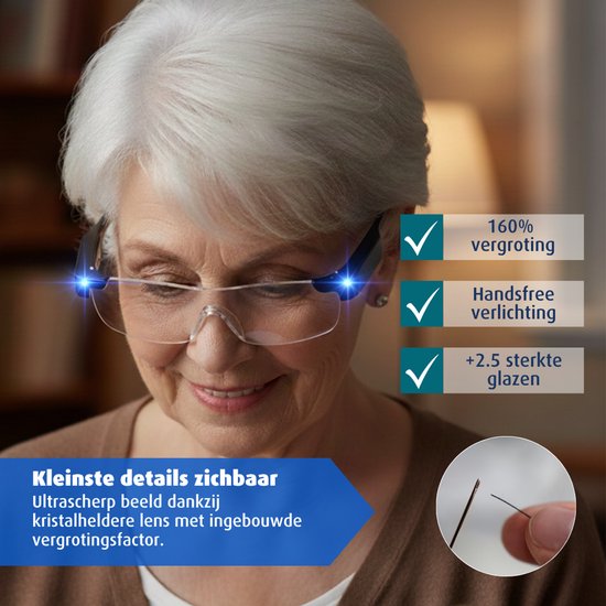 Vergrootglas Bril - Loepbril met LED Verlichting - Hobby Vergrootbril - 160% Vergroting - Krasbestendige Glazen - Inc. Opberghoes & Brillendoekje