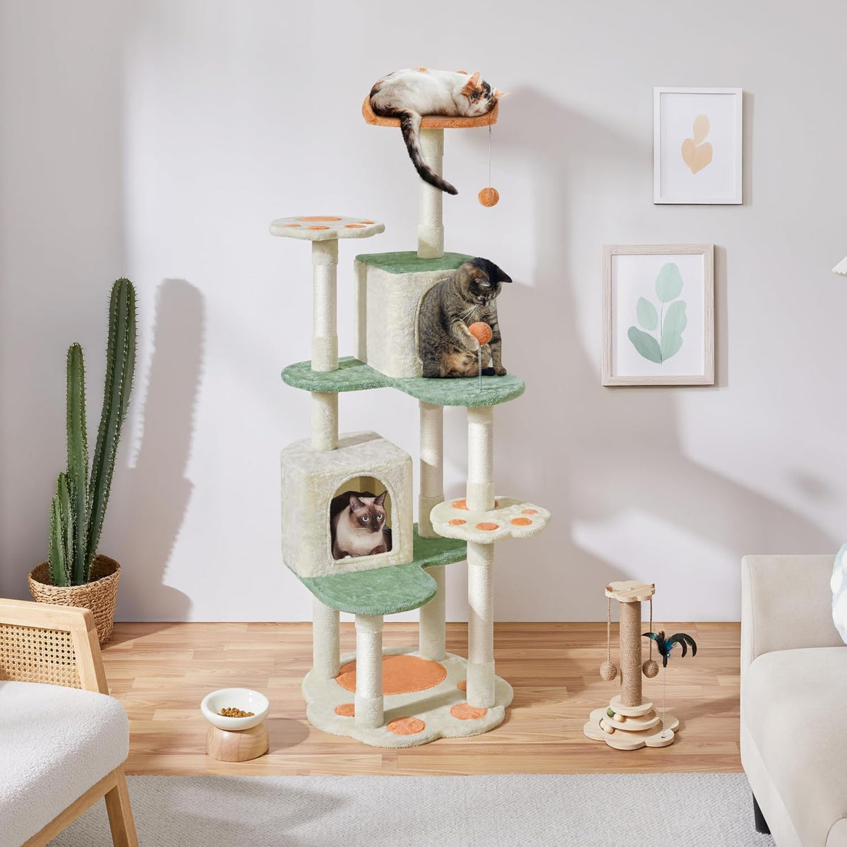 Yaheetech Krabpaal met pootdesign en kattenhuisjes - 59,5 x 55,5 x 164 cm - Beige/groen