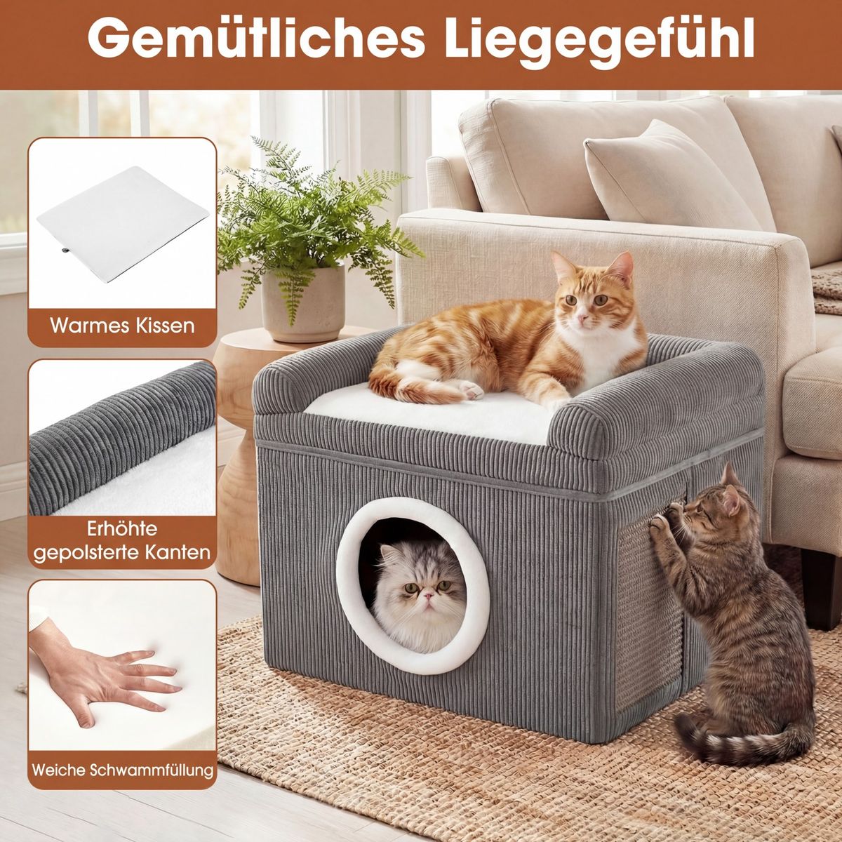Coast Opvouwbaar Kattenhuis - met sisal krabmat - zacht kussen en verhoogde randen - grijs