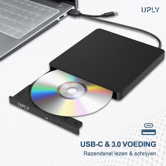 UPLY Externe DVD Speler - Windows en Mac - USB C en USB 3.0 - Externe DVD Speler voor Laptop - Externe DVD Speler en Brander - CD