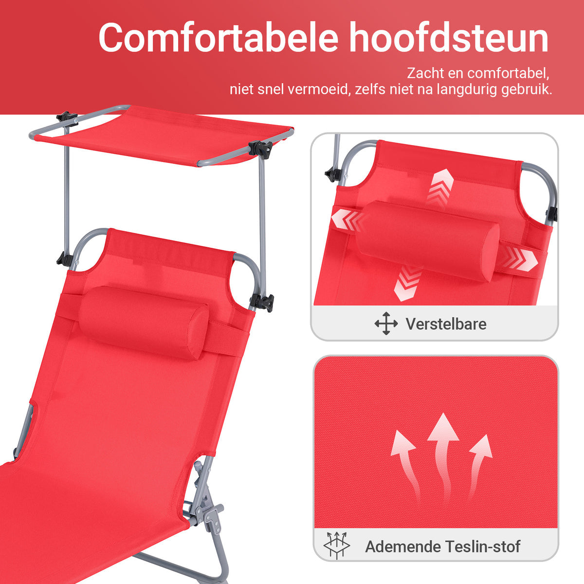 SoBuy Ligstoel Rood – Opvouwbare Tuinligstoel met Verstelbare Luifel en 4 Ligposities – 86 x 40 cm Ingeklapt
