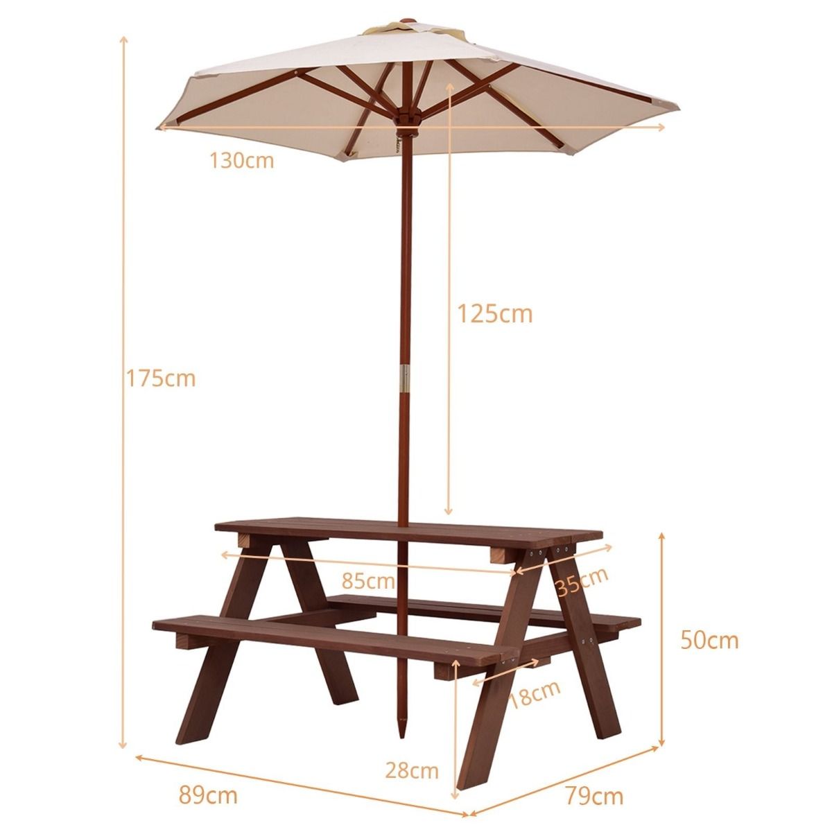 Coast Kinderpicknicktafel - 3-in-1 buitentafel met afneembare paraplu - houten banken - walnootkleur