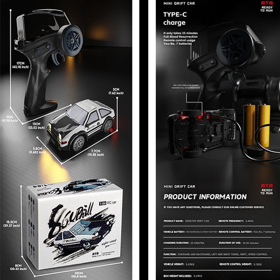 Fuegobird RC Auto - RC Voertuig - bureaublad drift auto - mini - hoge snelheid - wit