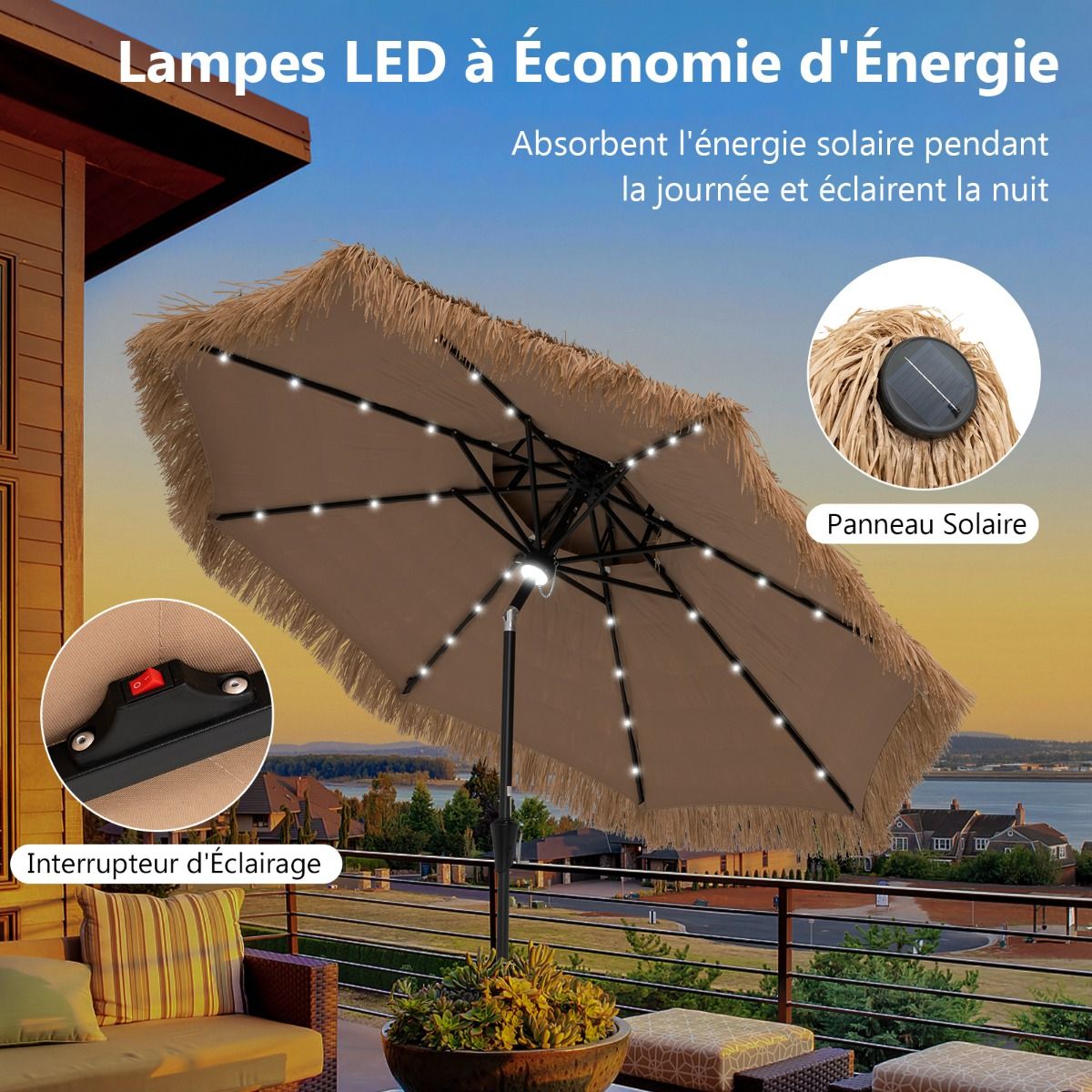 Coast Rieten Parasol - 32 LED Lampjes - Kantelbaar - Hawaii Stijl - 270 x 270 x 256 cm