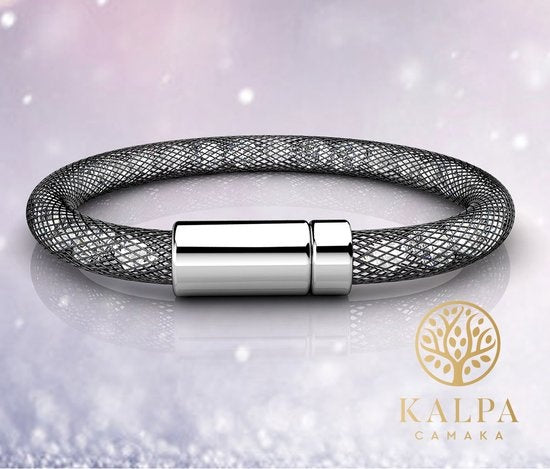 Zwarte Mesh Armband met Kristallen – Dames Armband – Luxe Giftbox – Cadeau