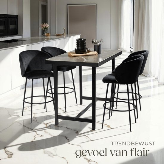 tectake® - Set van 2 Barkrukken Luana - Gestoffeerde Barkruk met rugleuning - Barstoelen - Barstoel met voetensteun - Eetkamerstoel met fluwelen bekleding - Stevige stalen poten met antislip vloerbescherming - Zwart/zwart