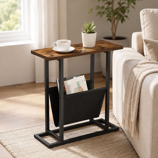 Ceruzo Bijzettafel met Tijdschriftenhouder – Smal – Zwart Bruin - H55 cm