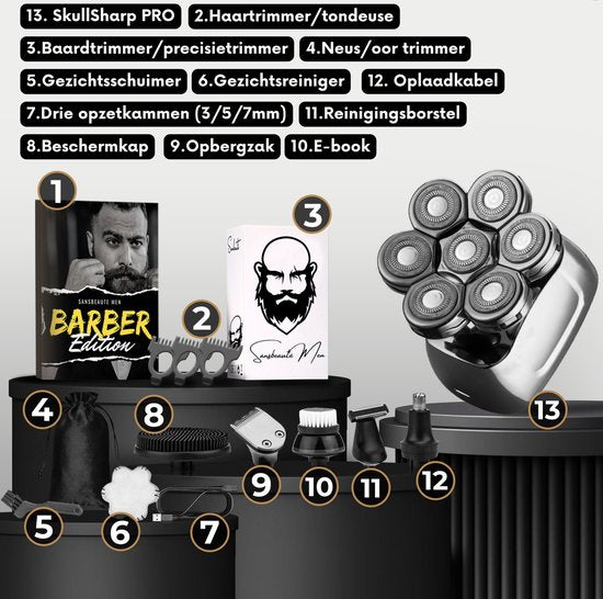 6-in-1 Scheerapparaat Mannen – Trimmer - Tondeuse - Sansbeauté® SkullSharp PRO - Skull Shaver - Elektrisch Gezichts- & Hoofdscheren - Scheren - Hoofd Kaal Scheren – Nat & Droog - USB Laden - Elektrisch
