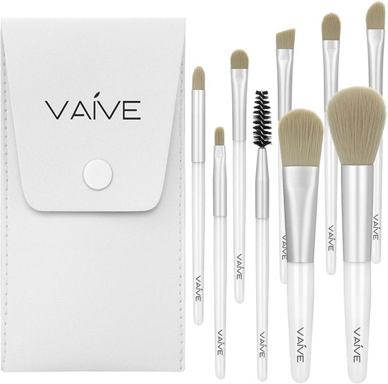 Vaive Make Up Borstels Set 9-Delig - Vegan Kwasten - Foundation, Oogschaduw, Blush, Kabuki & Bronzer Kwast - met Etui - Wit