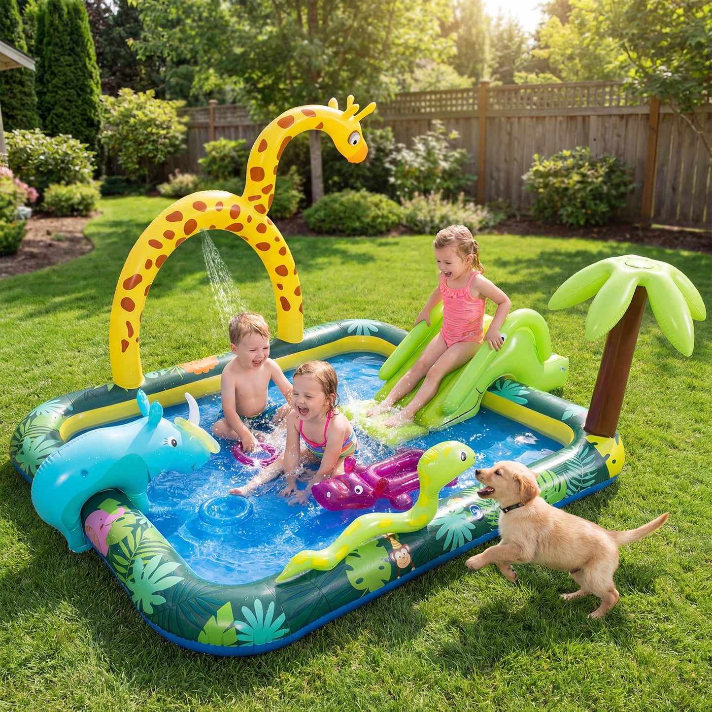 Coast Dieren in de Jungle Opblaasbaar Zwembad met Glijbaan en Sprinkler - Ringwerpspel Waterspeelcentrum voor Kinderen - 208x178x138 cm - Multikleur