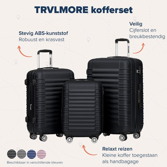 TRVLMORE Kofferset - 3 Delig - 38L Handbagage + 70L en 110L Ruimbagage - Lichtgewicht - Trolley - Reiskoffer Set - Zwart