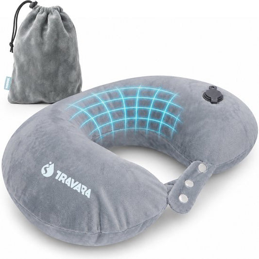 TRAVARA Nekkussen The Puffer - Opblaasbaar Reiskussen - Voor Vliegtuig - Auto kussen - Travel Pillow - Grijs