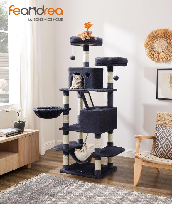 Songmics Krabpaal 168 cm - Kattentoren met 13 Krabpalen - Rookgrijs