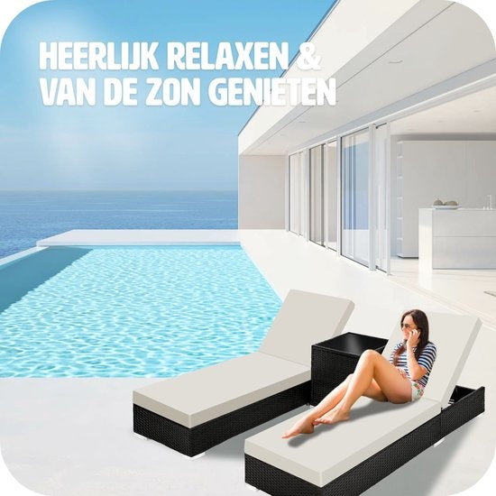 Tectake 2 luxe ligbedden met bijzettafel - Zwart - Inclusief beschermhoes - 401500