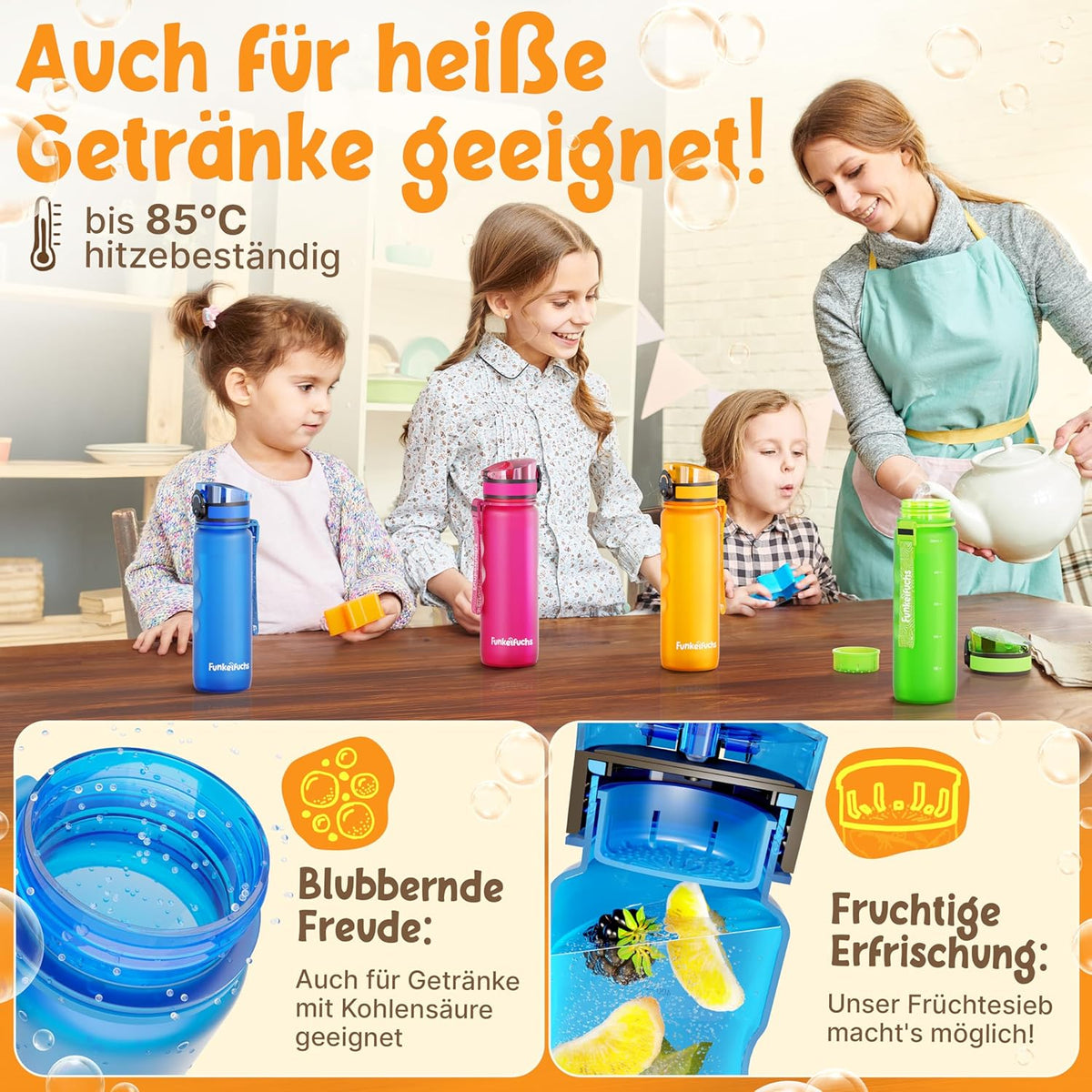 Funkelfuchs® - Drinkfles voor kinderen - 500ml, blauw - koolzuurhoudend - 100% lekvrij - waterfles vaatwasmachinebestendig - voor kleuterschool, school, sport