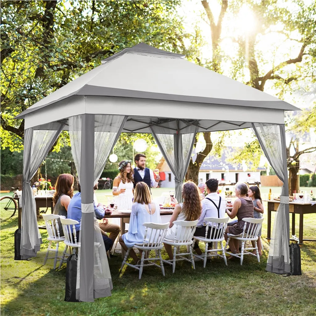 Yaheetech Pop-up Partytent 330 x 330 cm - Lichtgrijs/Donkergrijs - Opvouwbare Tuinpaviljoen met Dubbel Dak en 4 Mesh Zijwanden