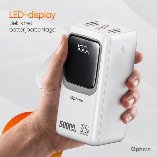 Ophion® Powerbank PRO 50.000 mAh – 7 Oplaadpoorten – Quick charge - Snellader 22.5 W voor USB-C, USB-A, Micro-USB - Inclusief Kabel – Noodpakket - Wit