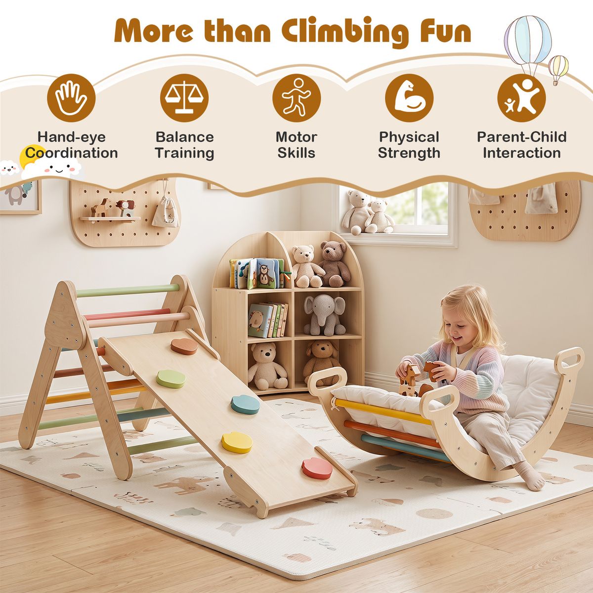 Coast Montessori klimset van hout - 3-in-1 speelset met klimdriehoek, klimboog en helling - kleurrijk