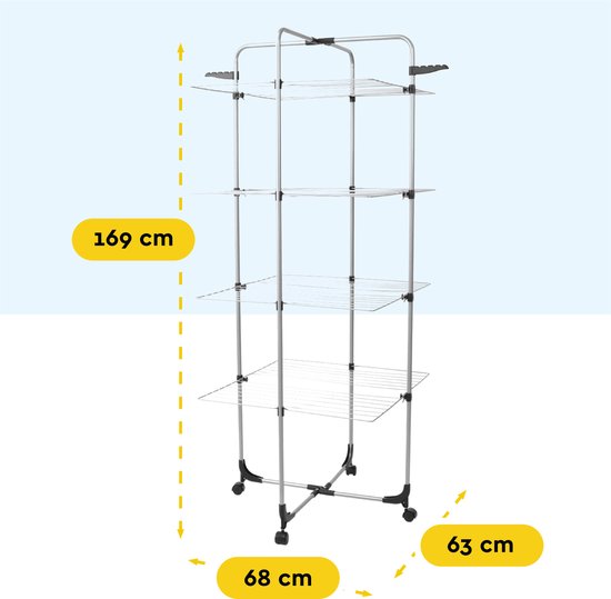 BRASQ Droogtoren 4 Lagen - Drooglengte 40 Meter - Droogrek met Wieltjes en houders - Wasrek - Wastoren 68x68x169 cm - Wit