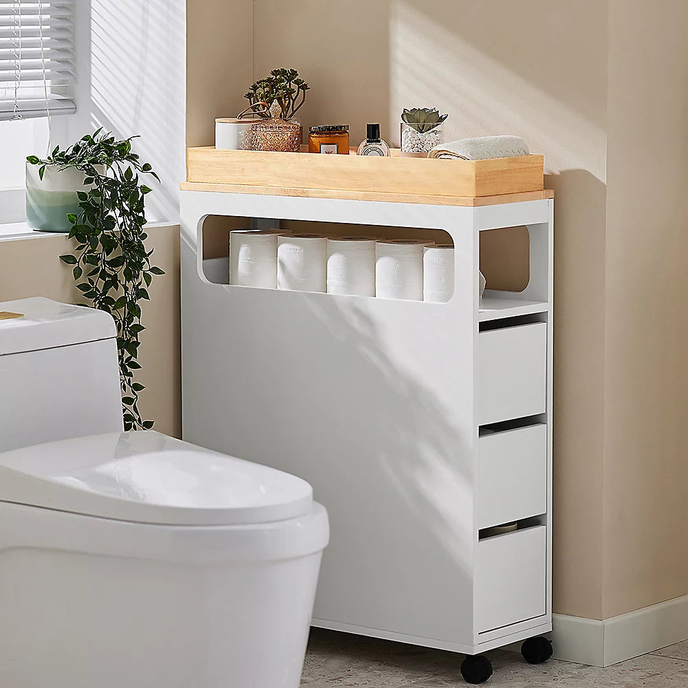 SoBuy – BZR54-II-W Slanke Vrijstaande Badkamerkast – 65 x 23 x 82 cm – Voorzien Van 3 Lades En 4 Wielen En Verplaatsbaar Tussenschot – Voor Badkamer En Gastentoilet – Wit MDF En Rubberhout