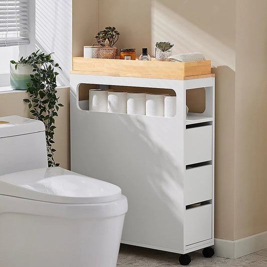 SoBuy – BZR54-II-W Slanke Vrijstaande Badkamerkast – 65 x 23 x 82 cm – Voorzien Van 3 Lades En 4 Wielen En Verplaatsbaar Tussenschot – Voor Badkamer En Gastentoilet – Wit MDF En Rubberhout